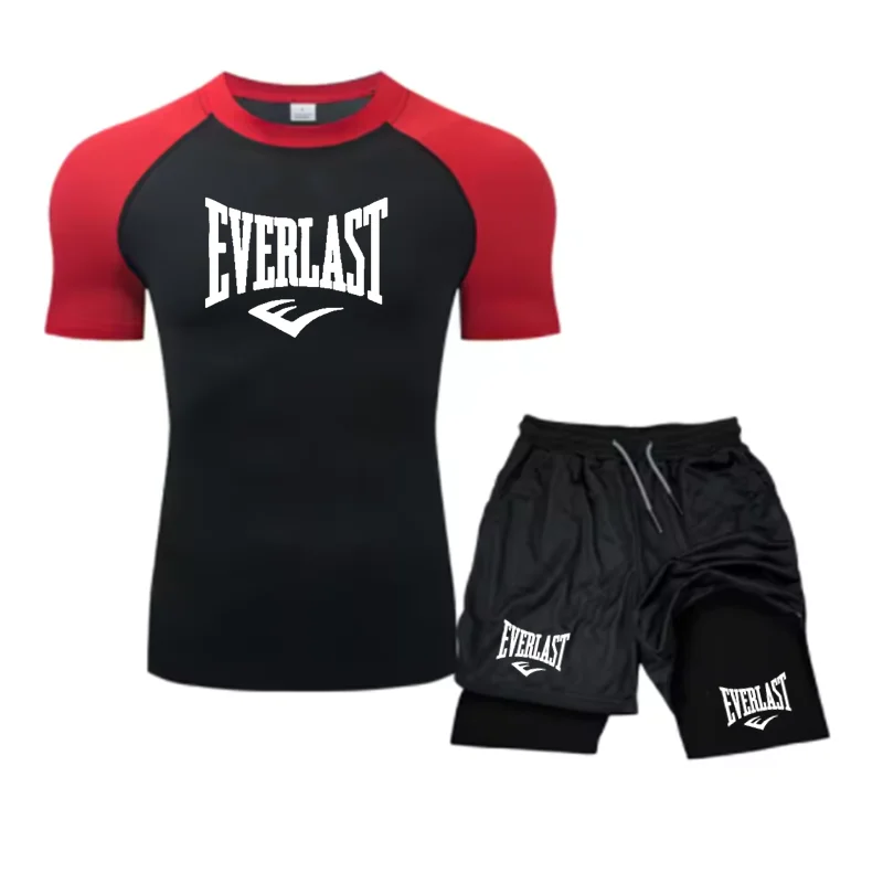 EVERLAST Men\'s Compress Shirt + 2-in-1 sports shorts 2pcs Set Leisure Breath Short Sleeve Sport Jogging Gym Brand Print Clothing