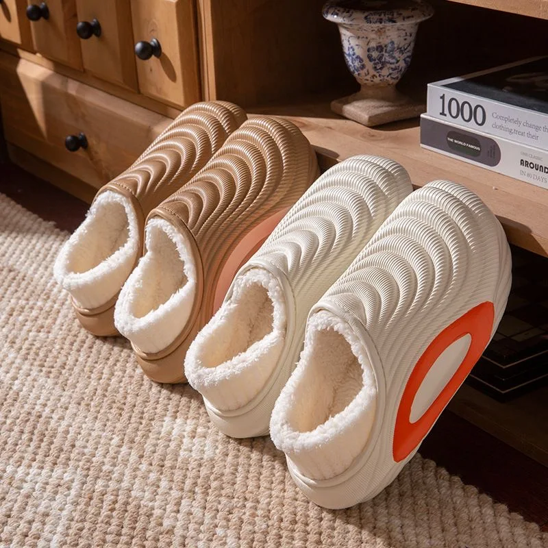 Thick Bottom Waterproof Closed Toe Warm Slippers Men Winter Fleece-lined Indoor Non Slip Shoes Women Plus Size Soft Plush Slides view 2