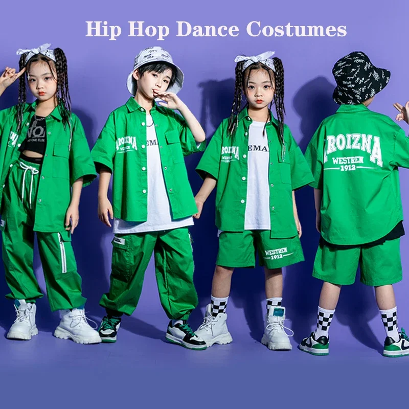 Kids Green Loose Shirts Cargo Pants Kpop Outfits Children Hip Hop Dance Costumes Girls Boys Jazz Rave Clothes