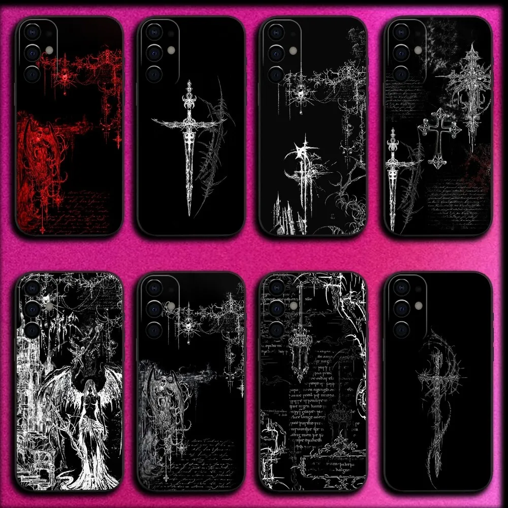 Gothic Cyber Sigil Cross Phone Case For Samsung S25,S24,S21,S22,S23,S30,Ultra,S20,Plus,Fe,Lite,Note,10,9,5G Black Soft Cover