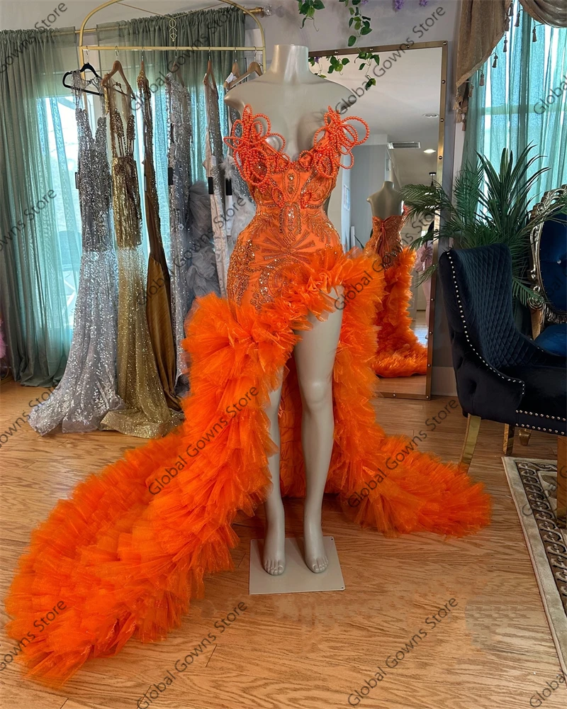 Orange Sweetheart Long Prom Dress For Black Girls 2024 Beaded Ruffles Birthday Party Dresses Puffy Slit Evening Gown Customzied