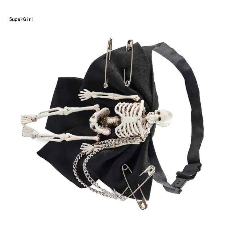 

Gothic Skeleton Bowtie for Women Man Vintage Punk Bowknot Necktie with Metal Pin and Chain for Halloween Party Costume J78E