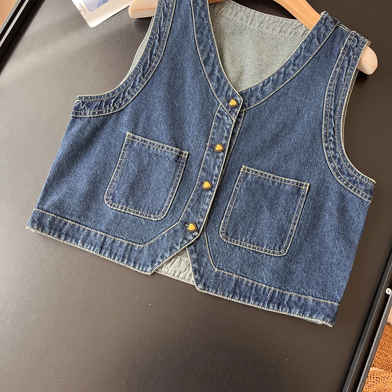 

Wimigirls Women's Denim Vest Jaet Svel V-Ne Single Button Spring Faion Retro Coin Sle Layering Outerwear