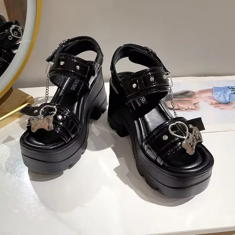 

Gothic Sweet Spicy Girls Subculture Y2k Millennium Pink Love Dark Rock Chain Punk Girl Wedges Platform Sandals Black Y2k Shoes
