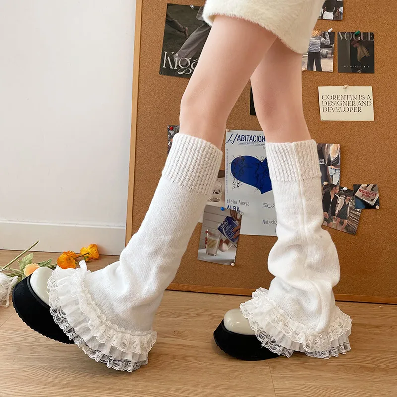 Women Lolita Kawaii Lace Ruffle Leg Warmers Boot Cuffs Knit Socks Harajuku Japanese JK Y2k Sweet Long Flared Warmer Sock