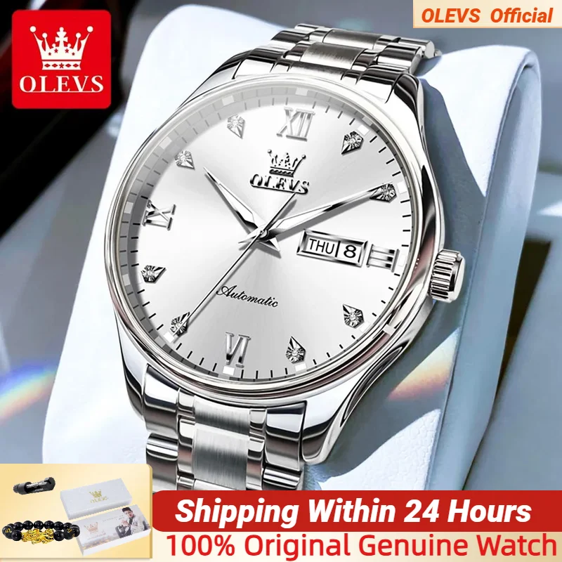 

Классические автоматические часы OLEVS для мужчин, двойной календарь, простой бриллиантовый циферблат, светящиеся водонепроницаемые механические часы из нержавеющей стали