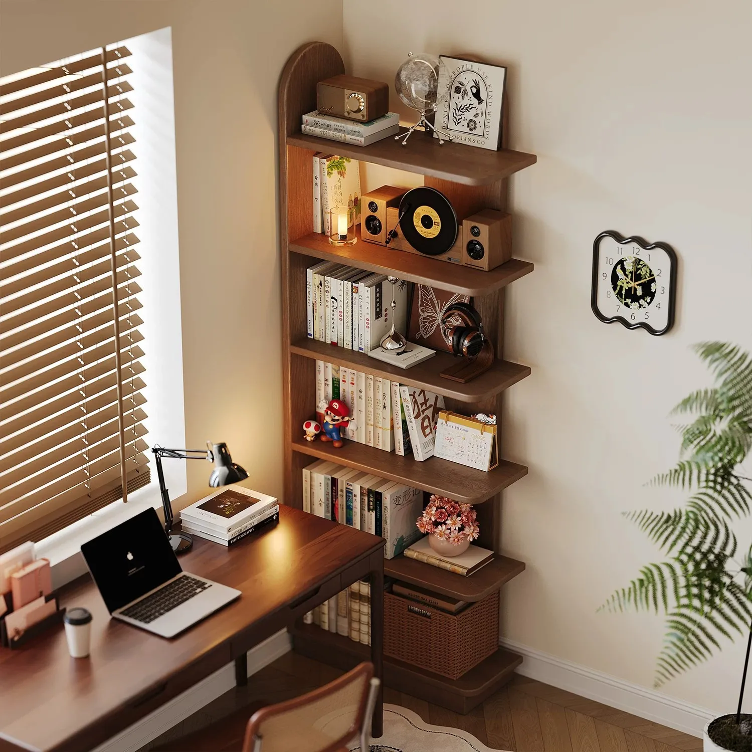 Solid wood corner bookshelf Floor shelf Next to desk Storage display shelf against the wall