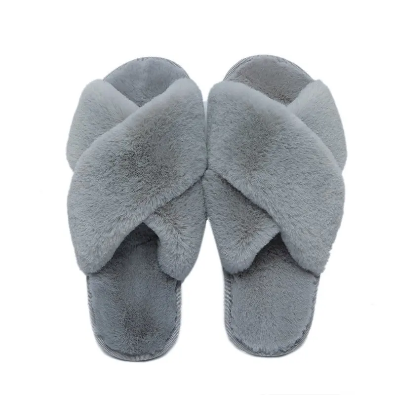 Women Winter House Furry Slippers 2022 New Design  Women Cross Fluffy Fur Home Slides Flat Indoor Floor Shoes Ladies Flip Flops