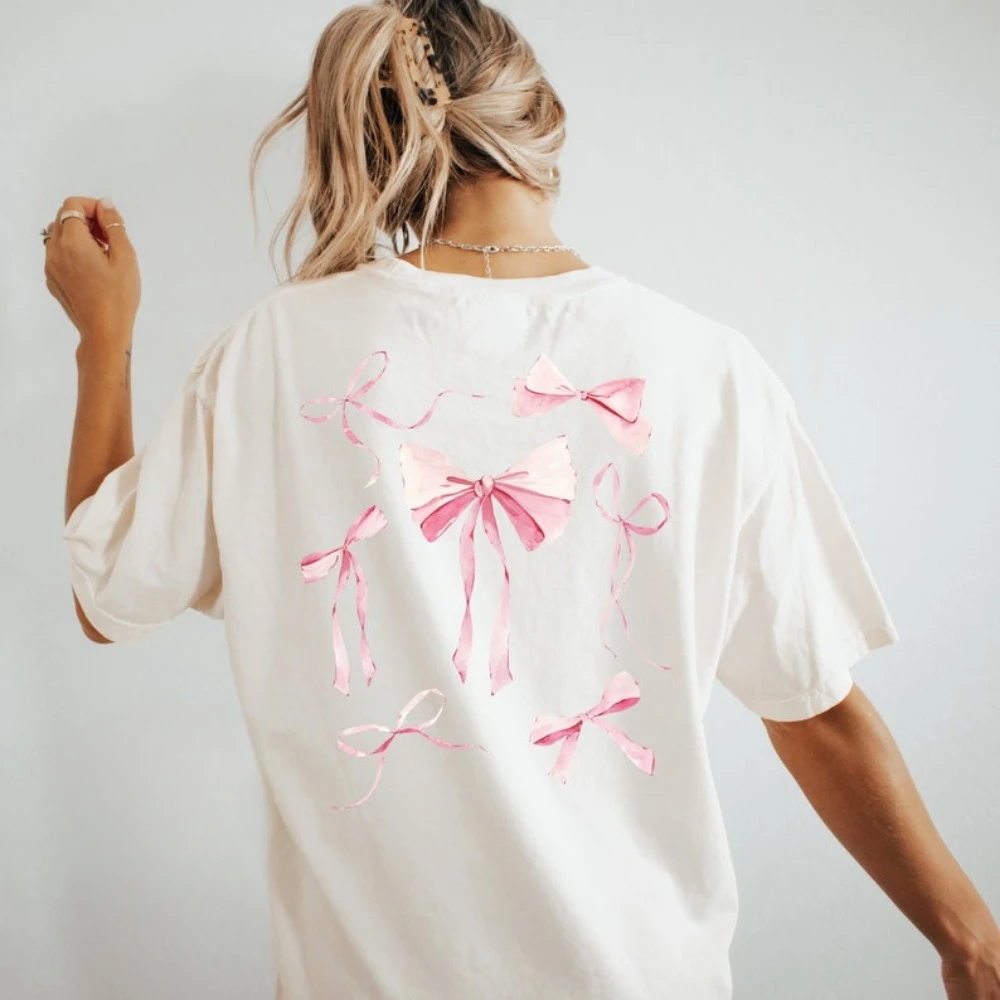 Bow Ribbon Tee for Girls Bow Shirt Trendy T-Shirt for Women Pink Gift for Mom Birthday Gift for Friend Shirts Lovely Cotton Tops