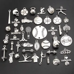 30pcs Random Mix Silver Color Barbell Kettle Bell Charms Making Weightlifting Sports Pendant DIY Jewelry Accessories