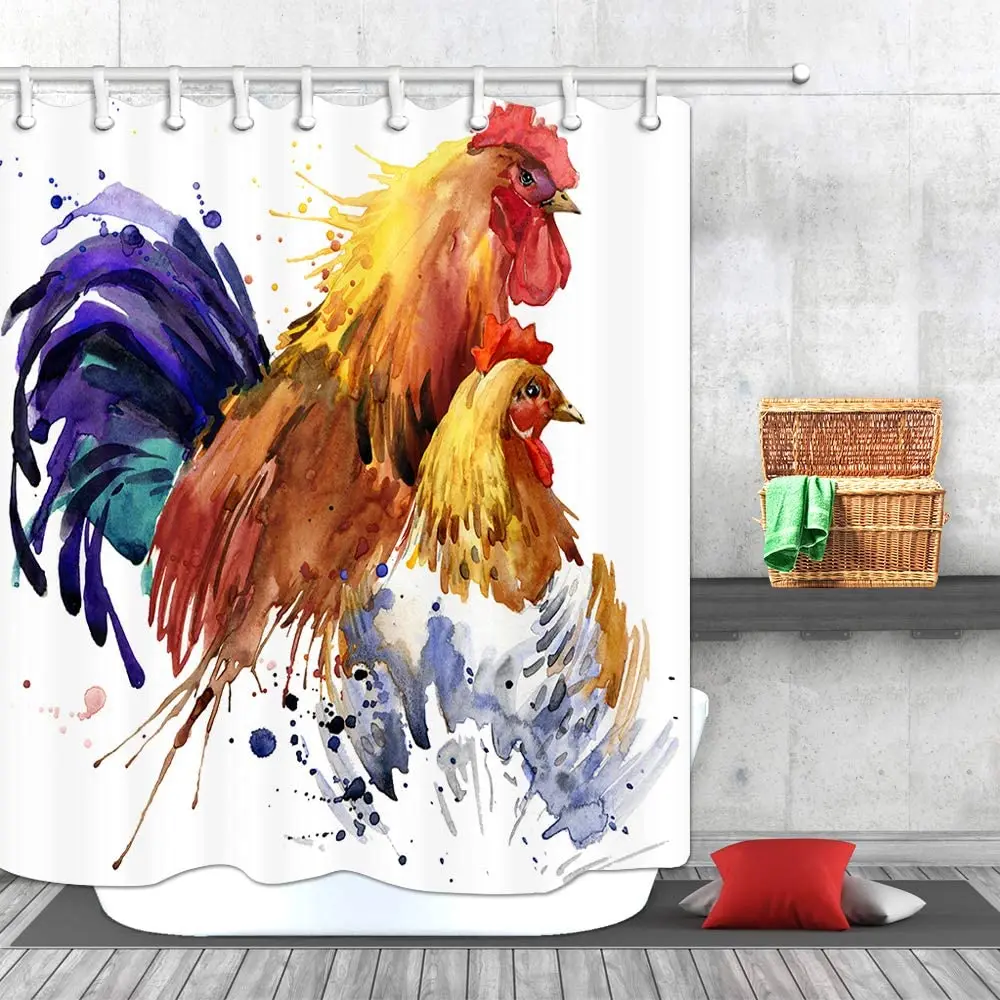 Farm Animal Art Bath Shower Curtain Chicken Rooster Polyester Fabric Bathroom Bath Curtains Liner Set with Hooks Bathtub Hanging