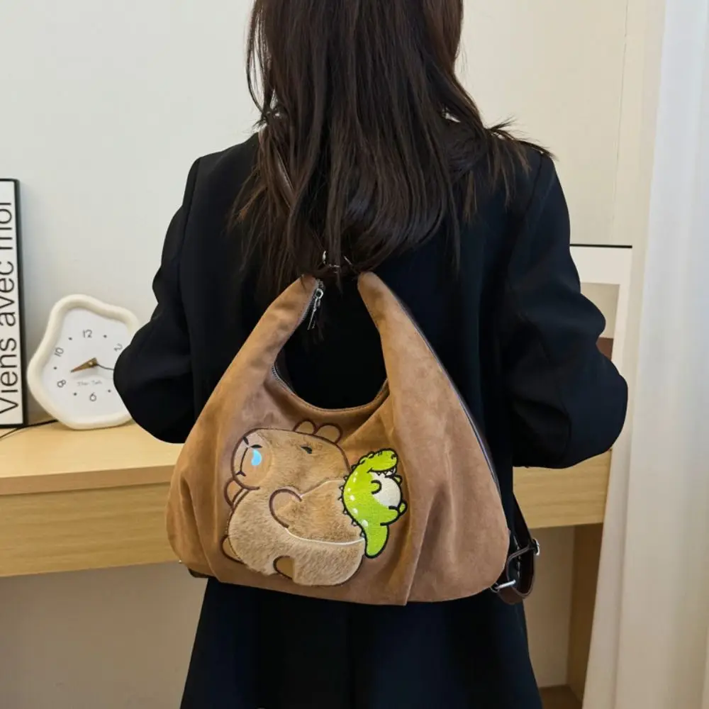 Sweet Embroider Capybara Crossbody Bag Milk Tea Dinosaur Chamois Kapibara Bag Soft Kawaii Chamois Leather Bag Outdoor