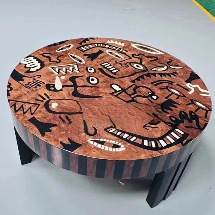 TTSolid Wood Medieval Painting Art Coffee Table Creative Painting Living Room Senior Round Coffee Table Household