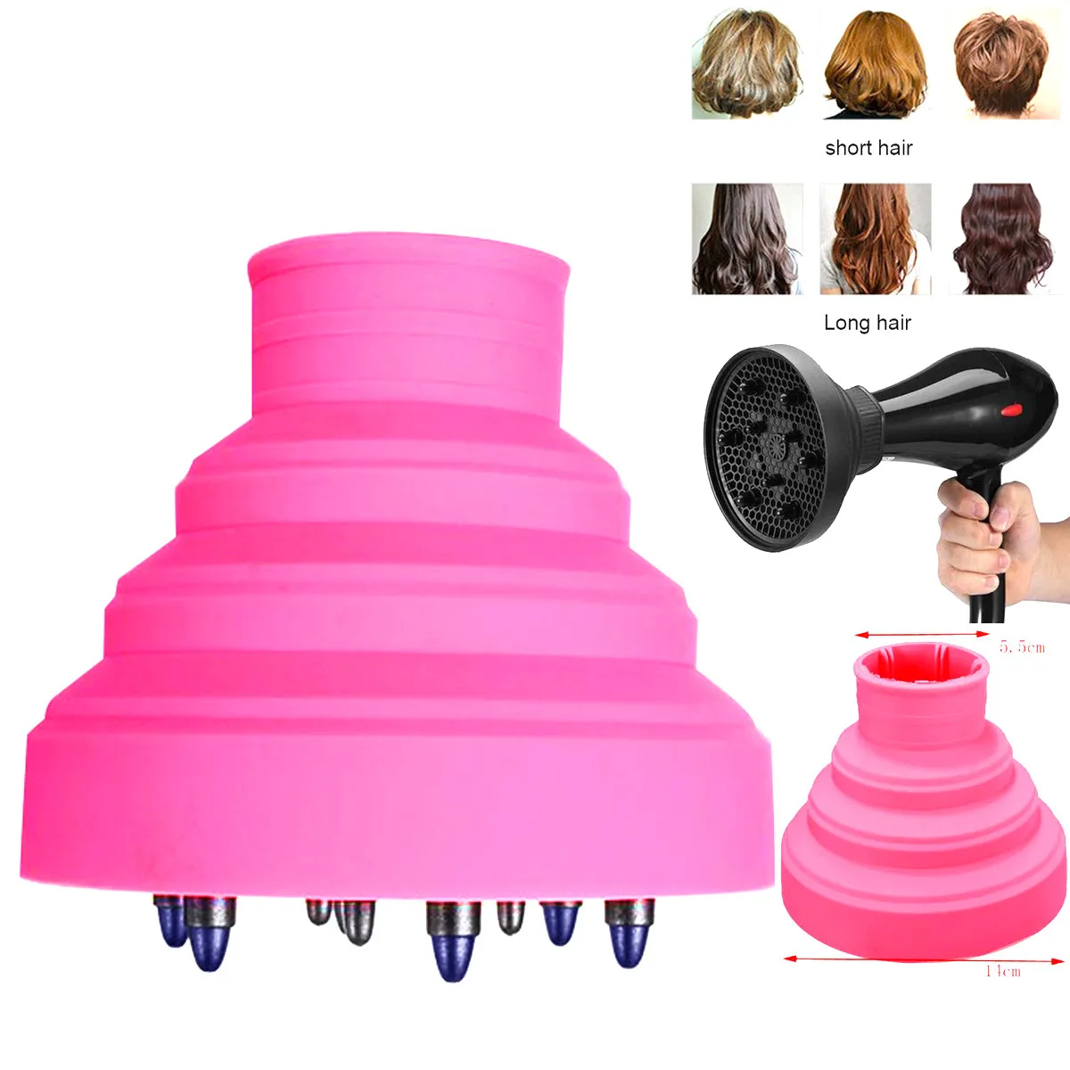 Foldable Hair Dryer Diffuser 5cm Inner 13 5cm Outer Diameter Pink Silicone Plastic Lightweight Portable Modeling Drying