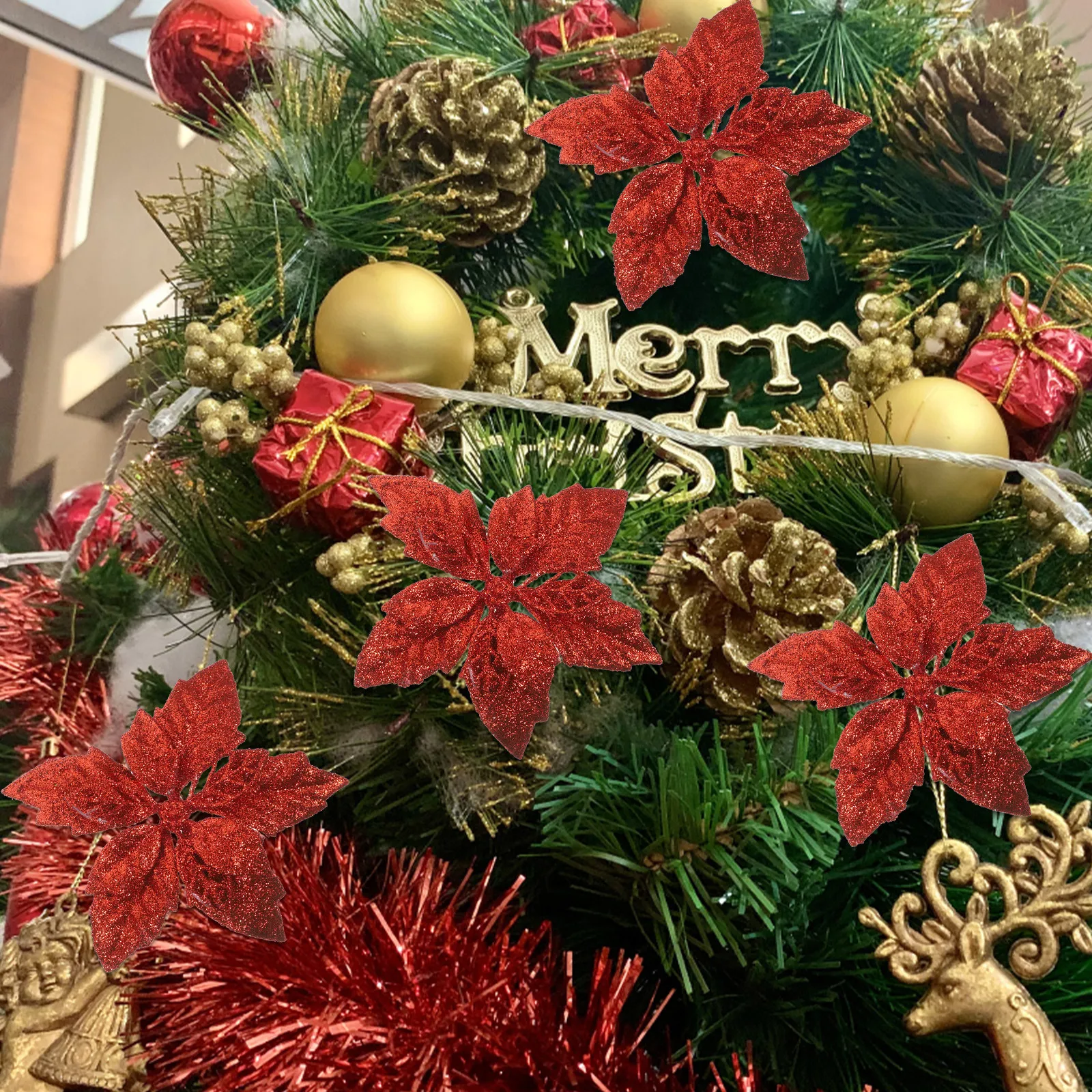 

10Pcs Artificial Poinsettia Flowers Glitter Xmas Flower Decorations Christmas Tree Ornaments Holiday Home Decor