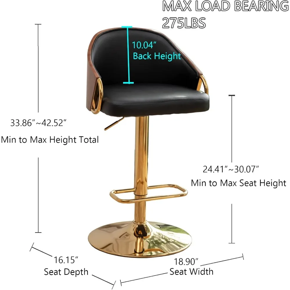 Ensemble de 2 chaises de bar à percussion, comptoir réglable recommandé avec dossier en bois, pieds et bras en acier inoxydable