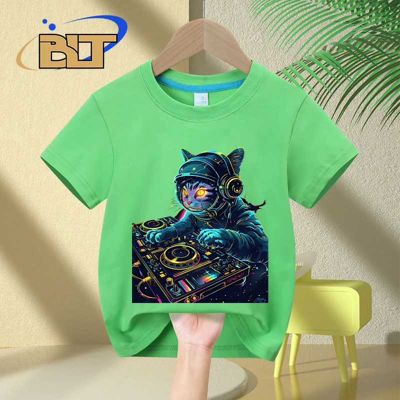 DJ cat print kids T-shirt summer children's pure cotton short-sleeved casual tops boys and girls gifts