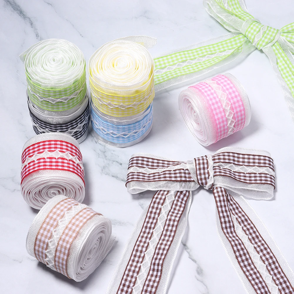 2 Yards 4cm Spitzen-Karo-Satinband Hochzeits-Weihnachtsdekoration DIY Nähstoff Handgemachte Schleifenbänder Blumen-Geschenkverpackung – Detail 2
