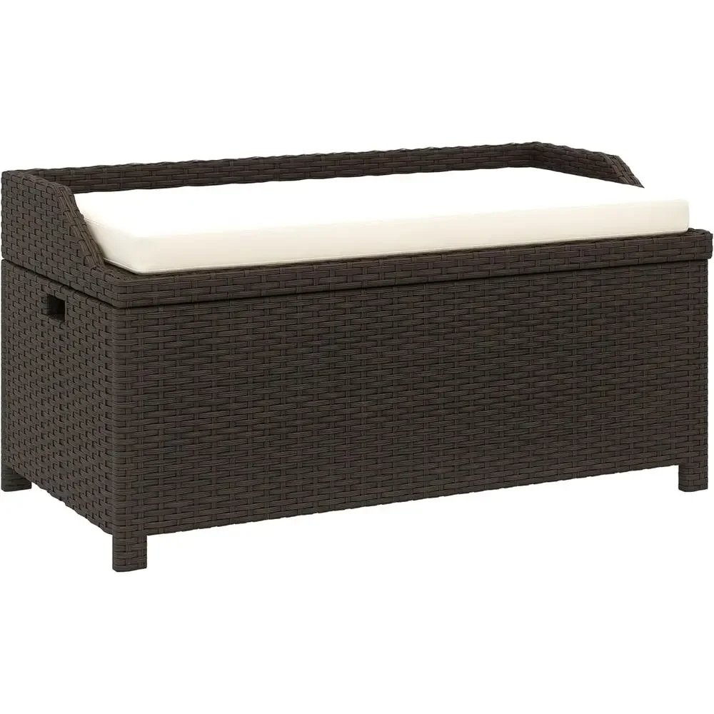 38 Gallon Wicker Storage Bench with Waterproof Interior Bag and Cushion, White