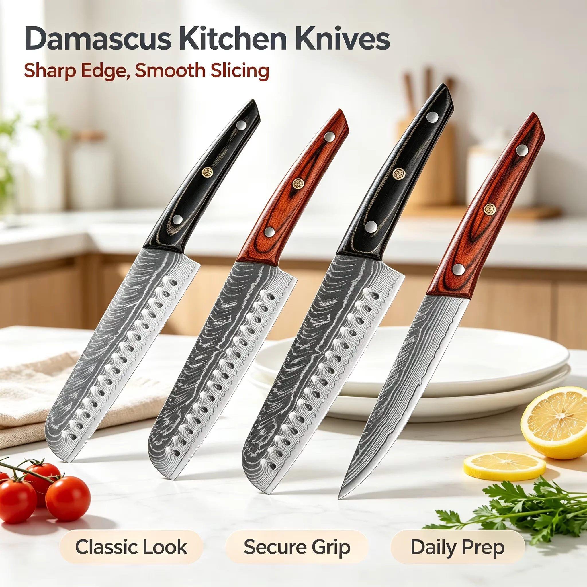 1Pc High-End Damascus Steel Kitchen Knife, Chef's Knife With Japanese Sanzoku Blade And Sandalwood Handle, For Kitchen Cooking