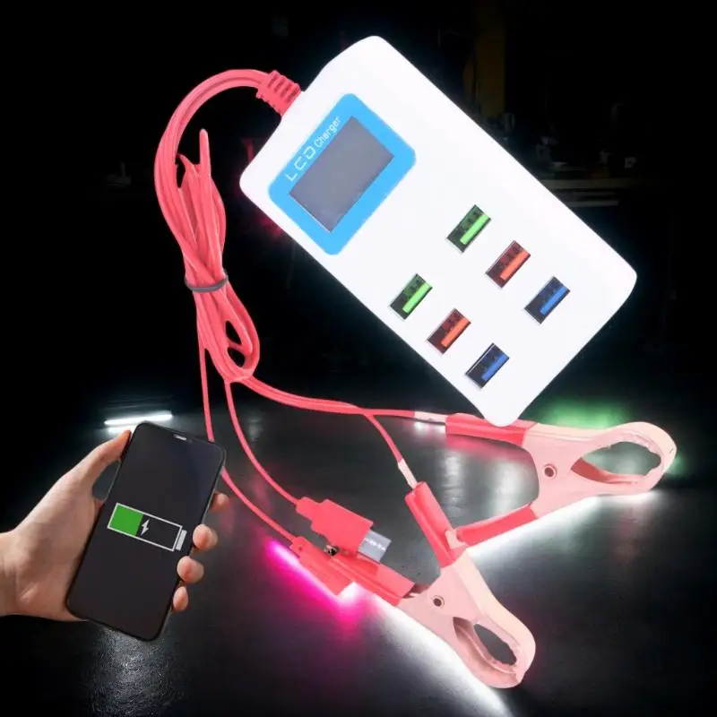 12-24V Multifunctional Universal 6USB Charger with LCD Clip Quick Mobile Phone Charging DIY Accessory（random color））