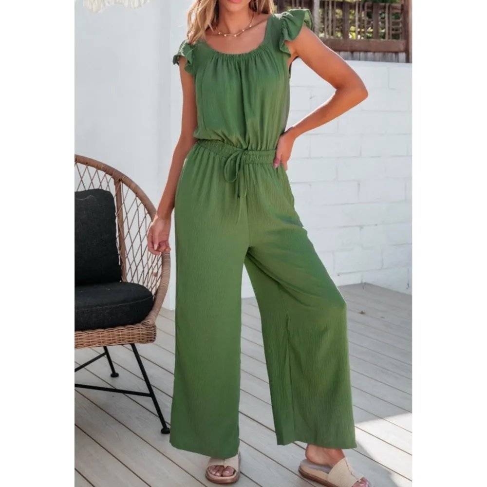 

Женский летний комбинезон с плиссированным квадратным воротником, карманами, без рукавов, с рукавами-лепестками, повседневный, с завязками на талии, 2025