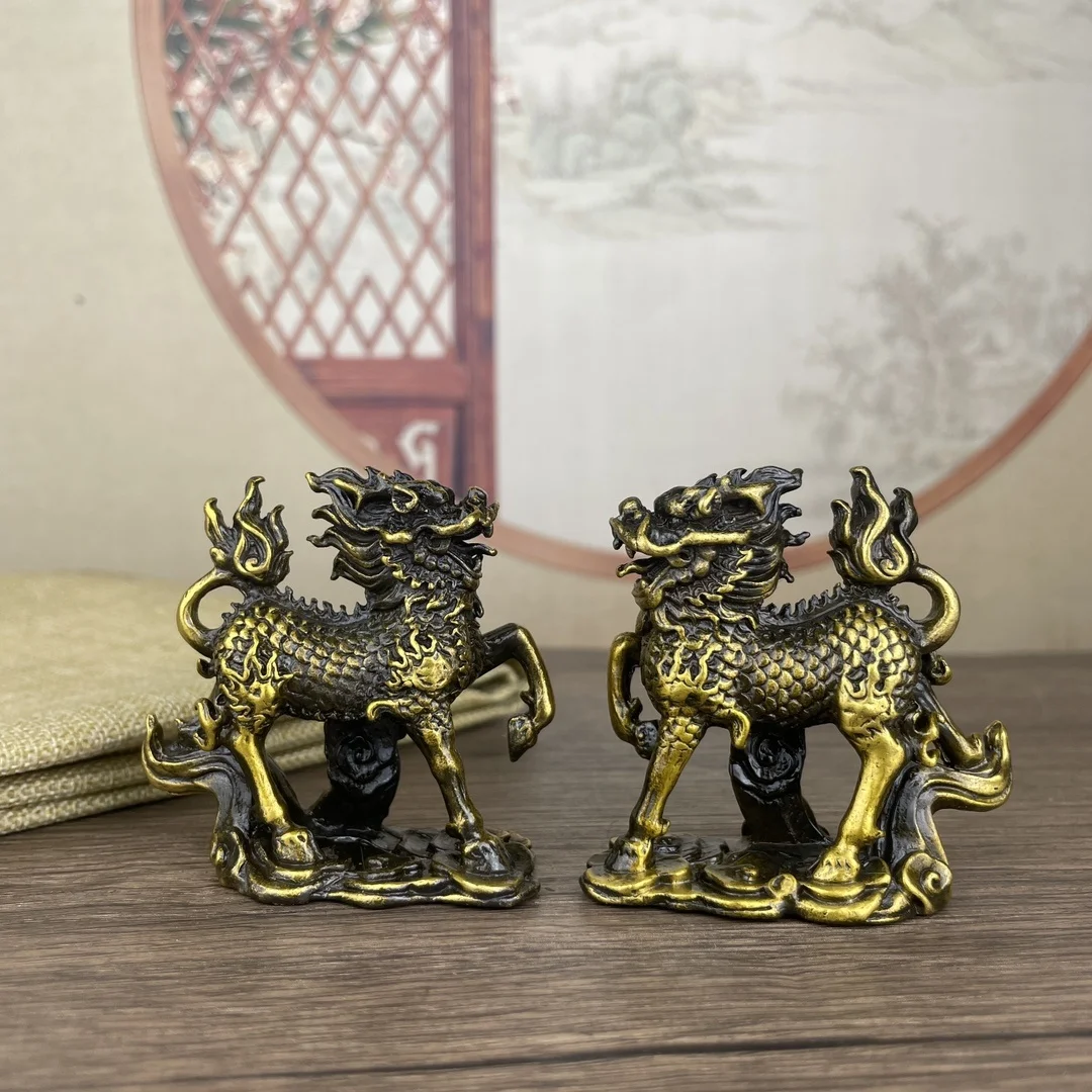 Miniature Kirin Decorative Figurine Brass Divine Beast Art Sculpture Desktop Feng Shui Decoration