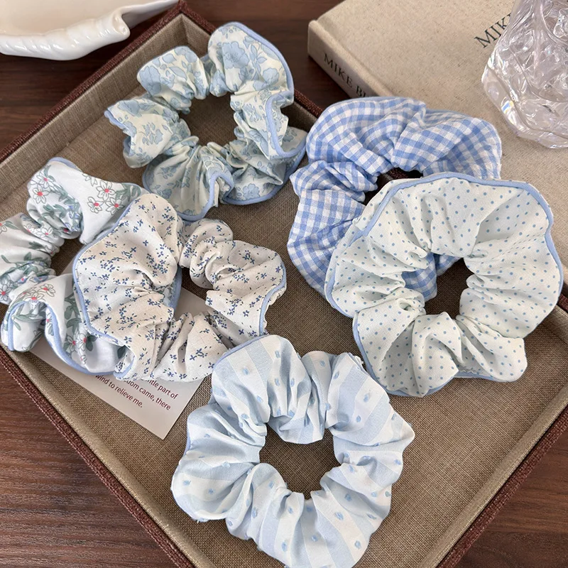 2024 Sea Blue Polka Dot Scrunchies Fashion Gilrs Floral Plaid Large Intestine Hair Ties Ropes Women Sweet Versatile Rubber Bands