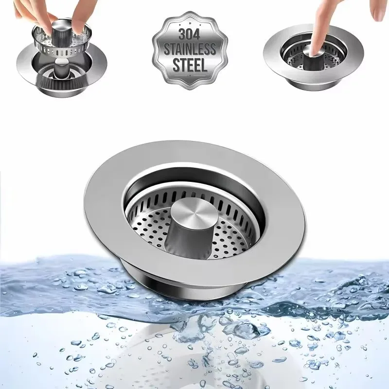 

3 in 1 Kitchen Sink Drain Strainer Stainless Steel Pop-Up Sink Stopper Removable Sink Stopper Anti Clogging Sink Food Strainer