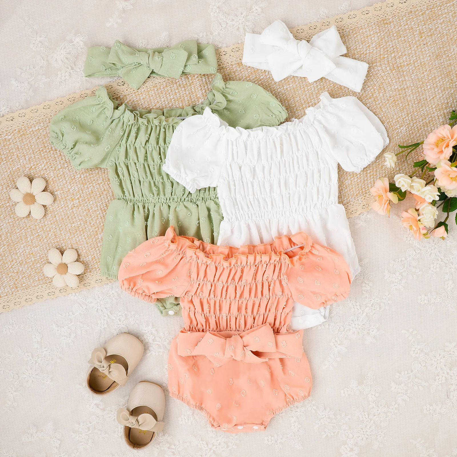 2PCS Summer Baby 0-2 Years Old Soft And Comfortable Fresh And Simple Three-Color Jacquard One-Shoulder Dress + Headpiece