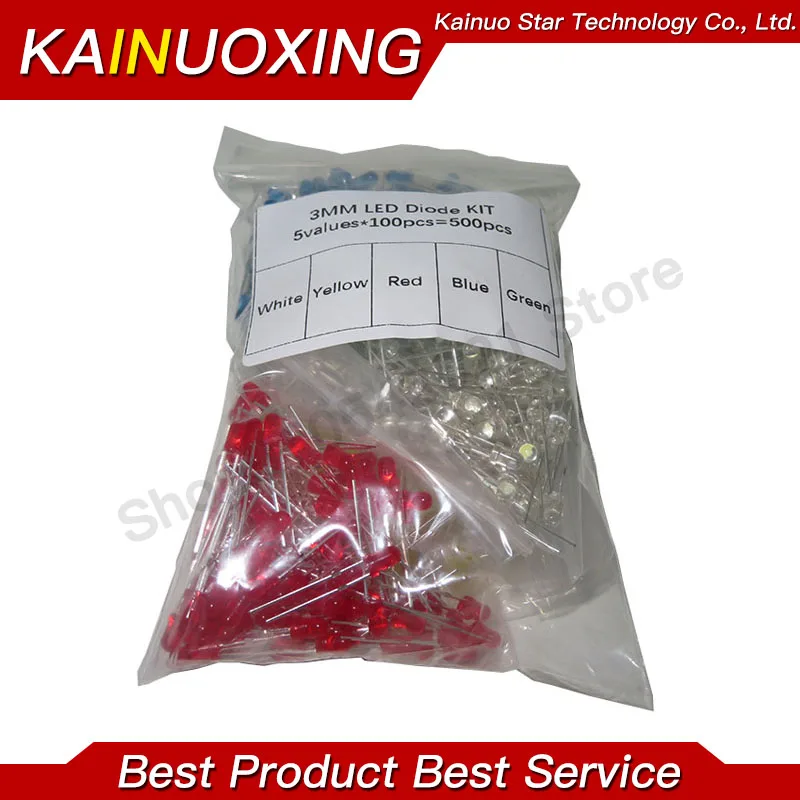 

5values*100pcs=500PCS/LOT 3MM LED Diode Kit Mixed Color Red Green Yellow Blue White LED Light
