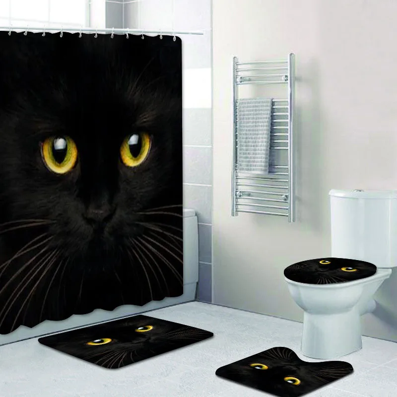 

Halloween Black Cat Face Shower Curtain Set Bathroom Curtains Waterproof Bath Rugs Mat Carpet Toilet Accessories Home Decor