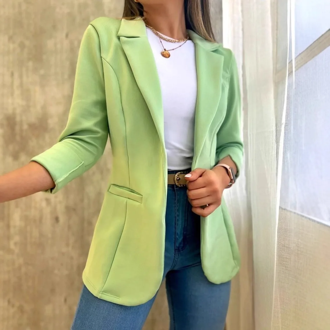 Blazer women 2026 casual solid-color pocket simple long-sleeved suit collar open stitch jacket men's clothing
