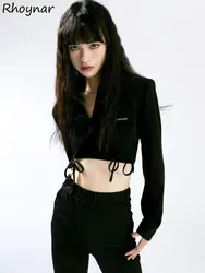 Bléiser corto negro para mujer, ropa de calle con muescas, estilo minimalista, para oficina, Y2k, Primavera