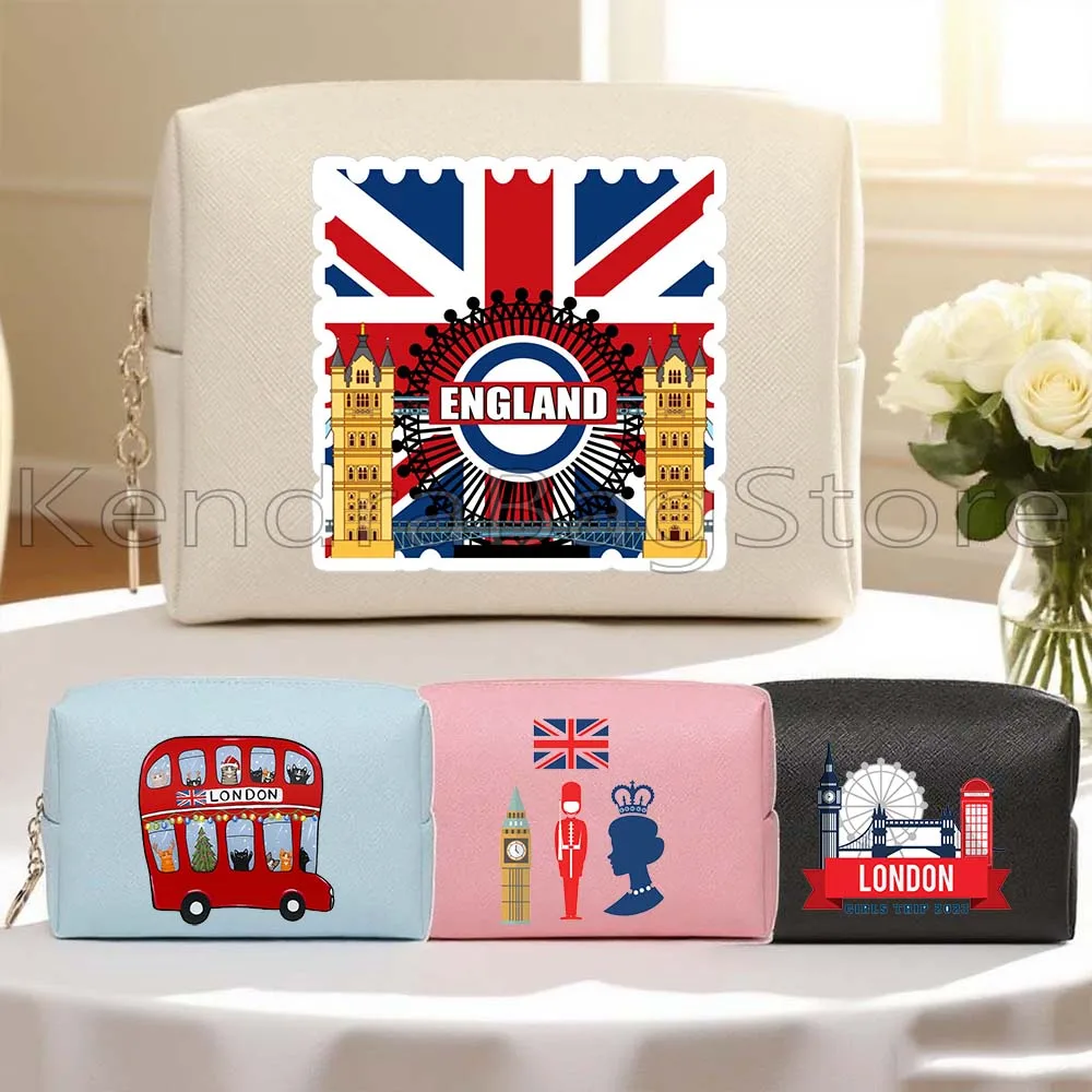 

Британский Лондонский автобус Биг Бен Мост Англия Флаг PU Кожаная дорожная косметичка Женские косметички Водонепроницаемая сумка для хранения туалетных принадлежностей