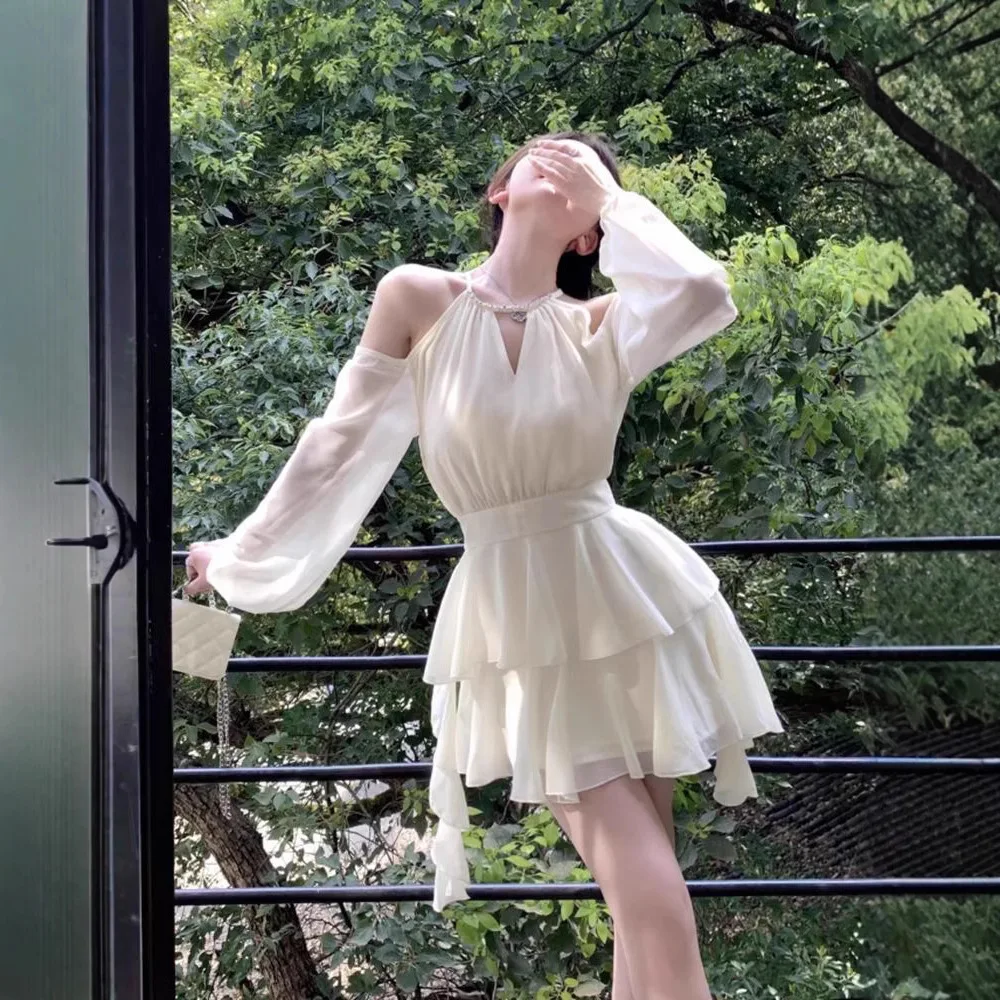 Sweet Sle ort Skirt Chiffon Dr Date Princ Skirt Floral  Waist Cinch Autumn Winter Faion for Rich Girls