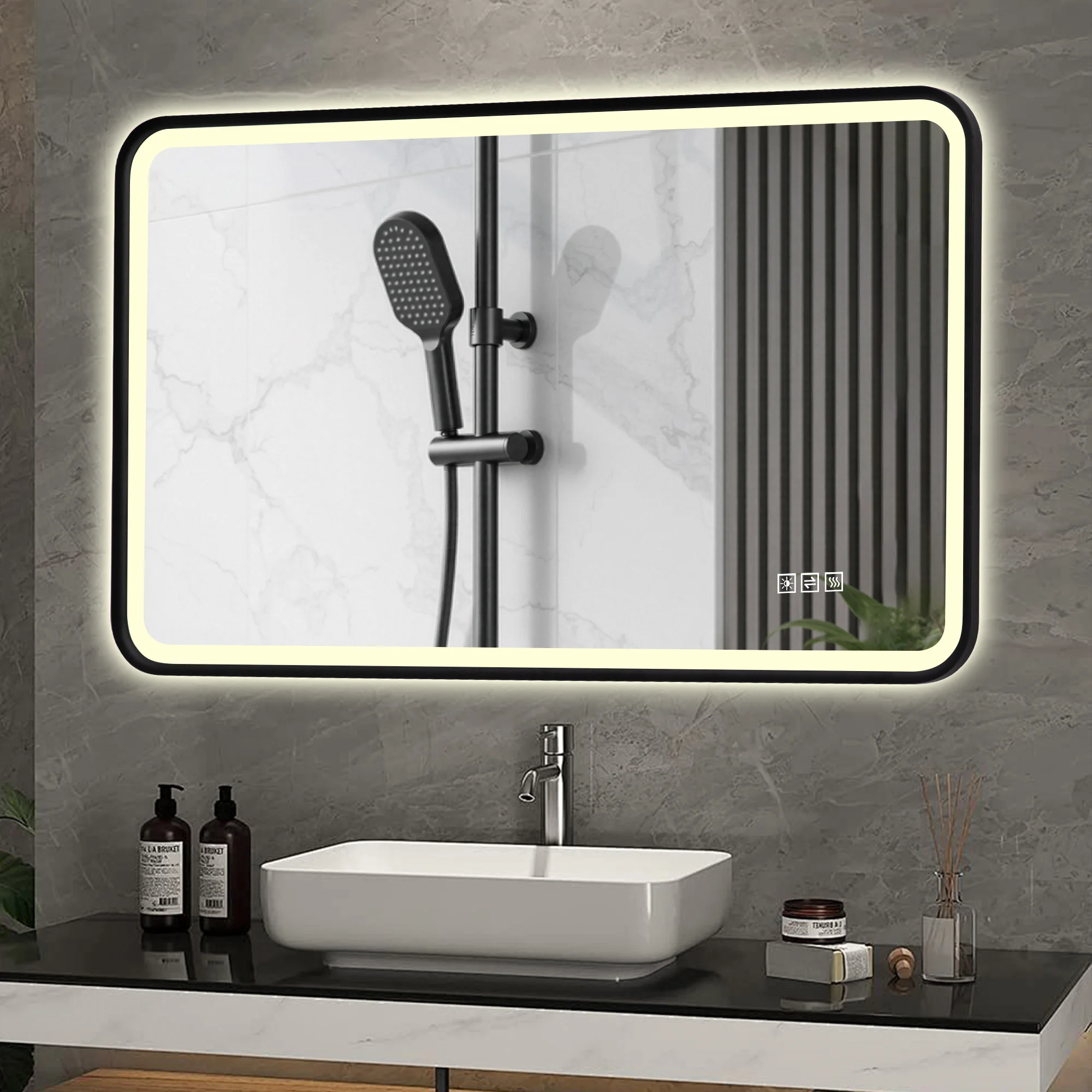 Miroir de salle de bain LED avec cadre en aluminium noir, éclairage avant et arrière, anti-buée, 3 températures de couleur, commande tactile à intensité variable, fonction mémoire, montage horizontal et vertical, étanche IP44