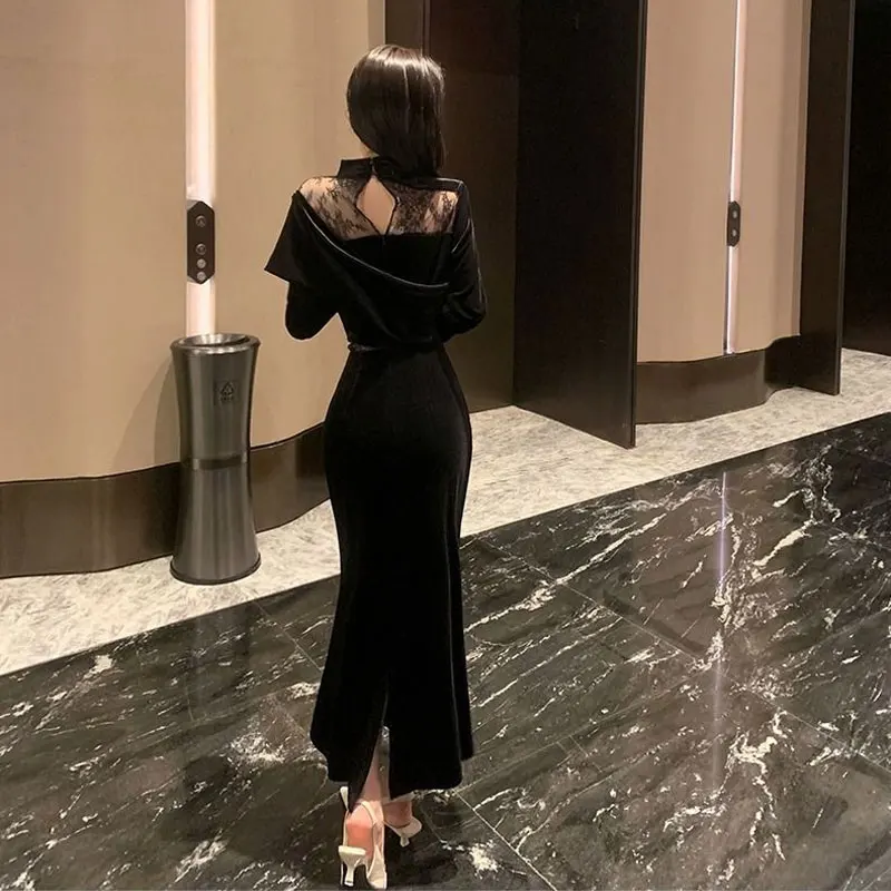 Female Clothing Vintage Lace Patchwork Long Dress Fashion Hollow Out Autumn Winter Solid Color Asymmetrical Aura Waist Dresses