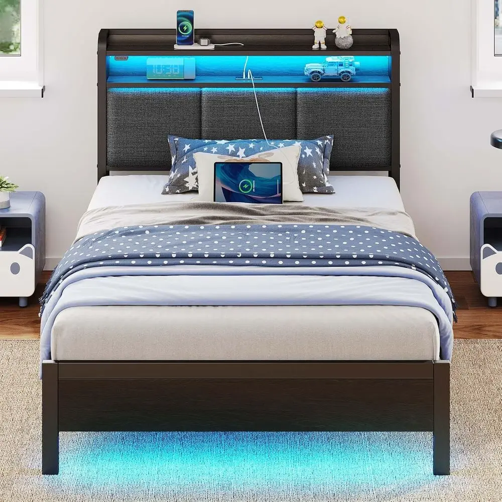 

Bed e Twin Size with Charging Station and LED Lights, Upholstered board with Storage Shelves, Heavy Duty Metal Slats, No Box Spr