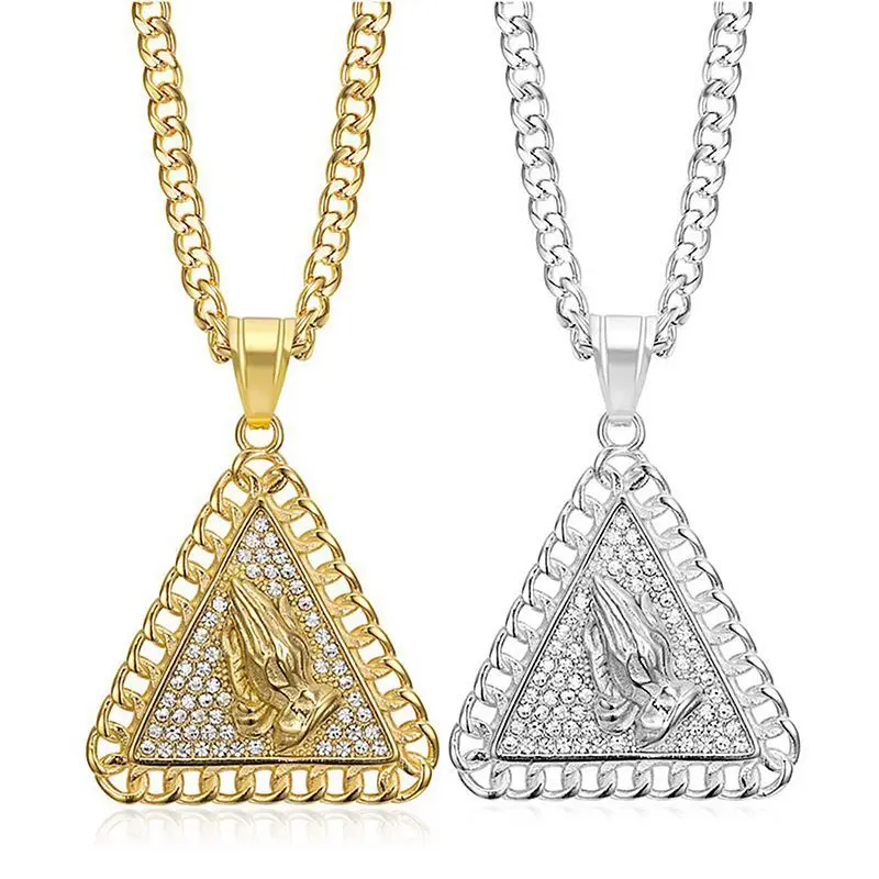 Hip Hop Bling Iced Out Gold Color Stainless Steel The Praying Hand Triangle Pendants Necklace for Men Rapper Jewelry