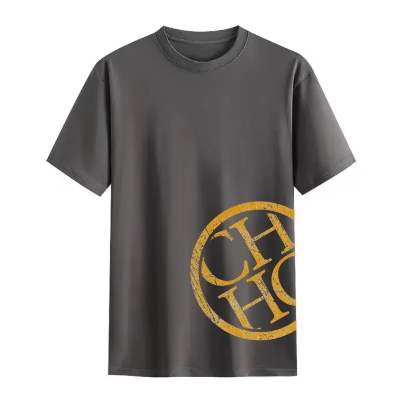 CH ヴィンテージ サークル プリント コットン Tシャツ ブラック ホワイト カラー選択 ルーズフィット ラウンドネック ユニセックス レトロ スタイル トップ