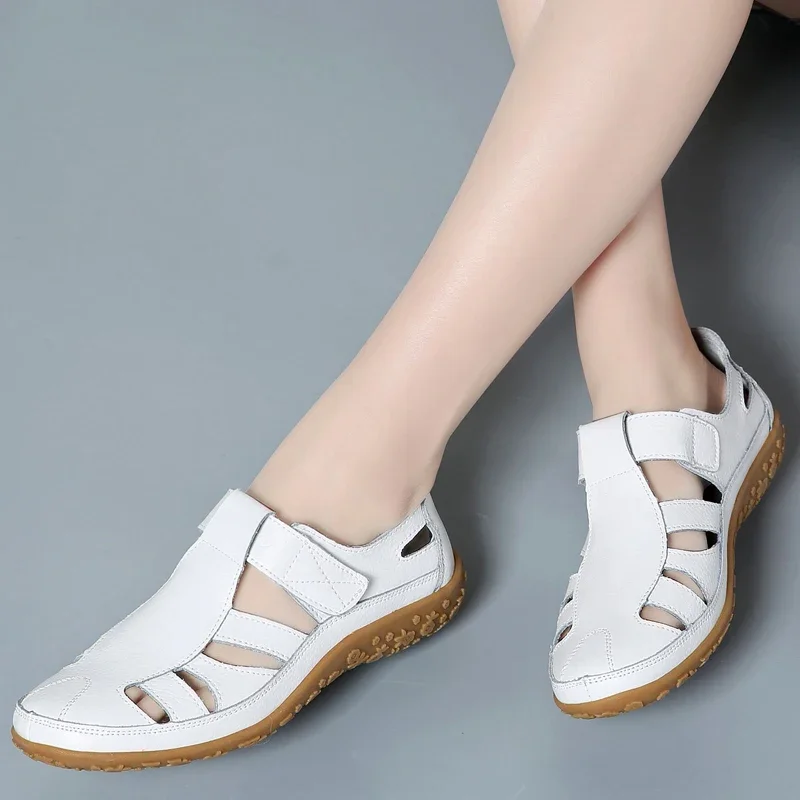 Women Ladies Female Mother Genuine Leather Shoes Sandals Gladiator Summer Beach Cool Hollow Soft Hook Loop Shoes