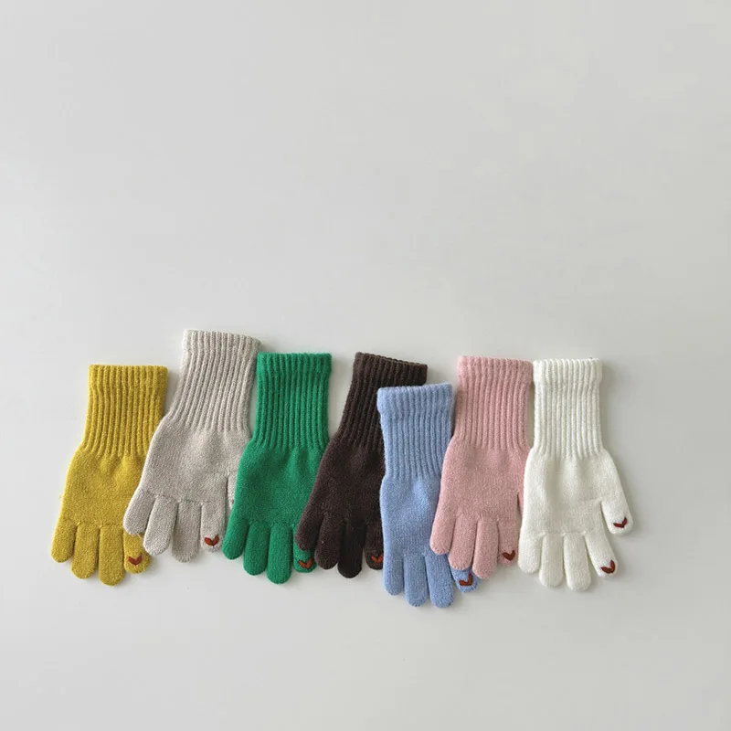 Winter Warme Kinder Lange Handschuhe Solide Wolle Fünf Finger Handschuh Gestickte Liebe Gestrickte Fäustlinge 4-8year Kinder Touchscreen Handschuhe – Detail 3