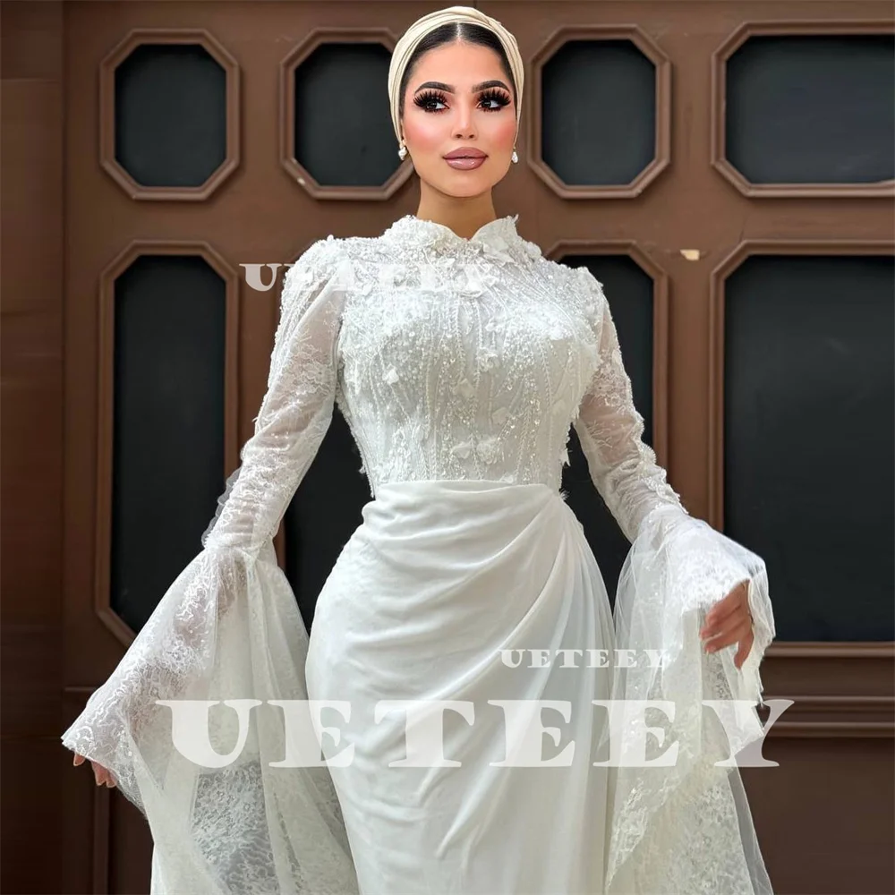 UETEEY Customized Muslim High Neck Lace Long Flare Sleeves Mermaid Wedding Dress Women Pleats Floor Length vestidos de novia