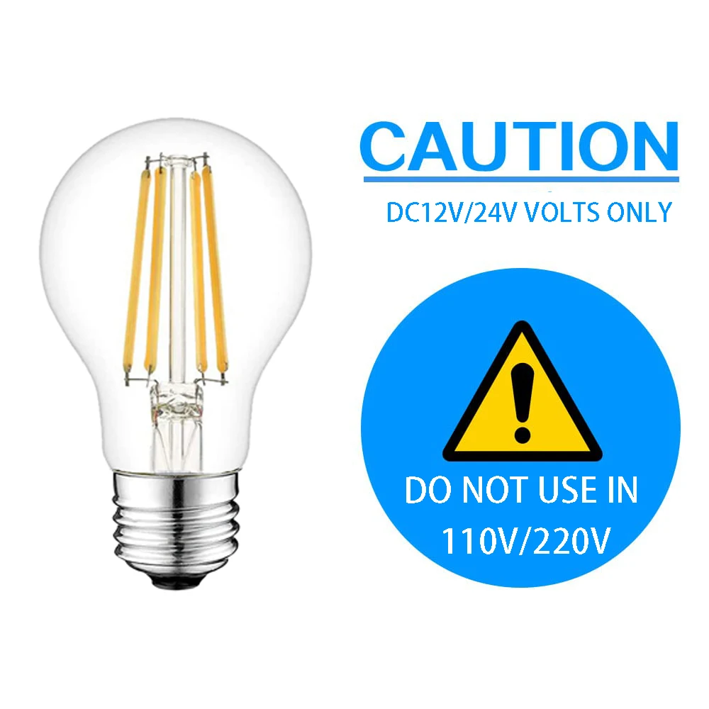 Led Filament Light Low Voltage E26 E27 Led Lamp DC12V 24V A19  6W LED Light Bulb 2700K 4500K RV Locomotive Room Light