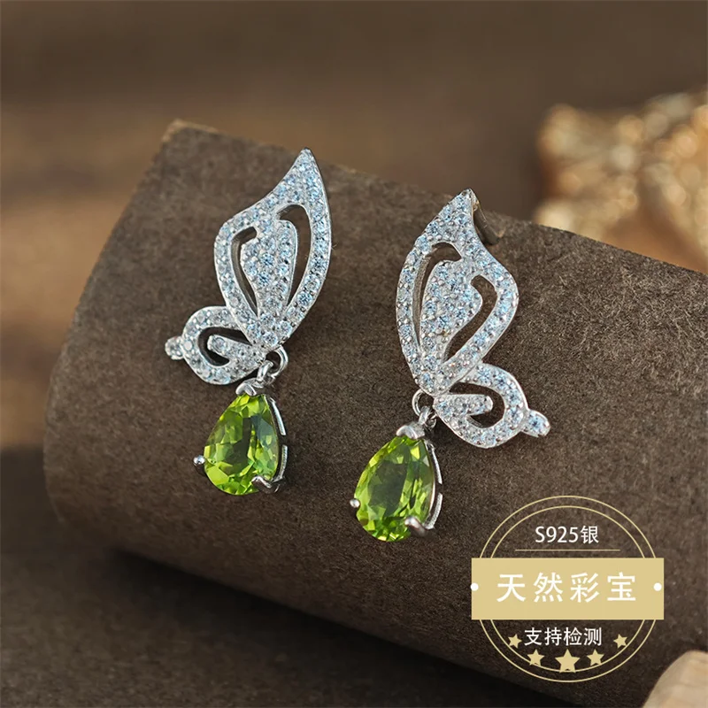 

925 Real Sterling Silver Natural Peridot Drop Earrings for Women Birthday Gift for Women Butterfly Lady