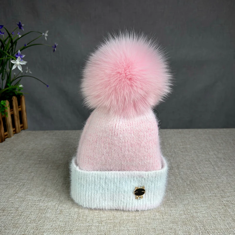 2024 New wool High quality Winter Hats Soft Beanies Hat For Women Classic Knit Girl Hat natural fur pompom hat Warm Cap