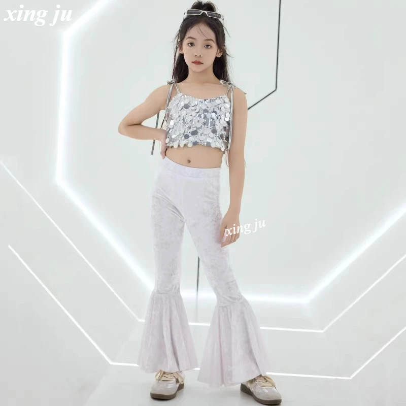 Kinderen Hip Hop Jazzdans Kostuum Meisjes Street Dance Zilveren Pailletten Sling Korte Tops Strakke Uitlopende Broek Kids Show Wear