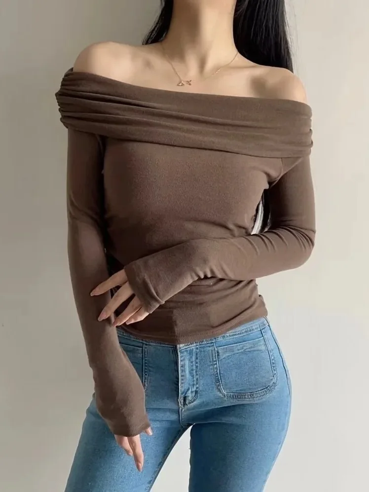 Jesień / zima Nowość 2024 Slash Neck Off Shoulder Long Sleeve Pullover Women Cinching Waist Solid Color Slim Casual Top CHI6