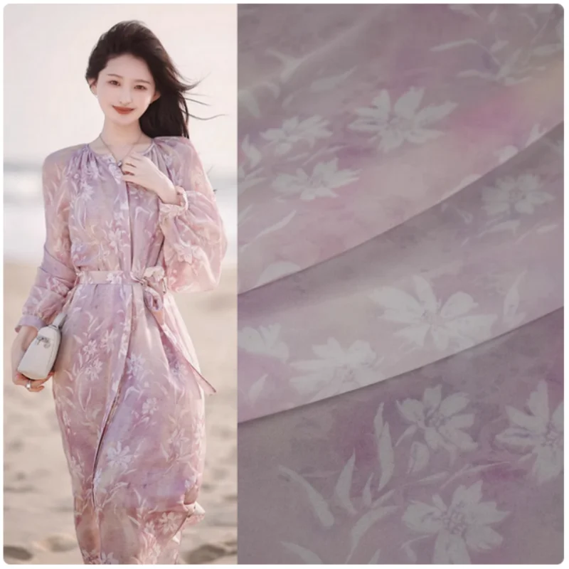 Beauty Smudge Pink Big Flower Print Chiffon Fabric, Dress, Shirt Sunscreen Cloth Sewing Tissue, Thin Soft Transparent, T2285